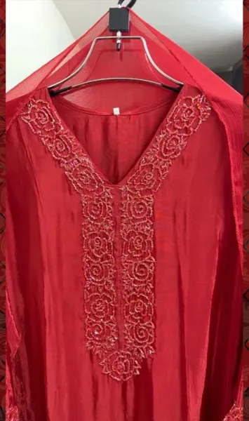 Luxury Russian Silk Pakistani Stitched Farshi Salwar 3 Pcs _ Red 
